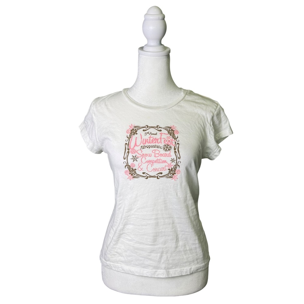 Y2K Aeropostale Baby Tee White Winterfest Graphic Snowboard women's Size Large